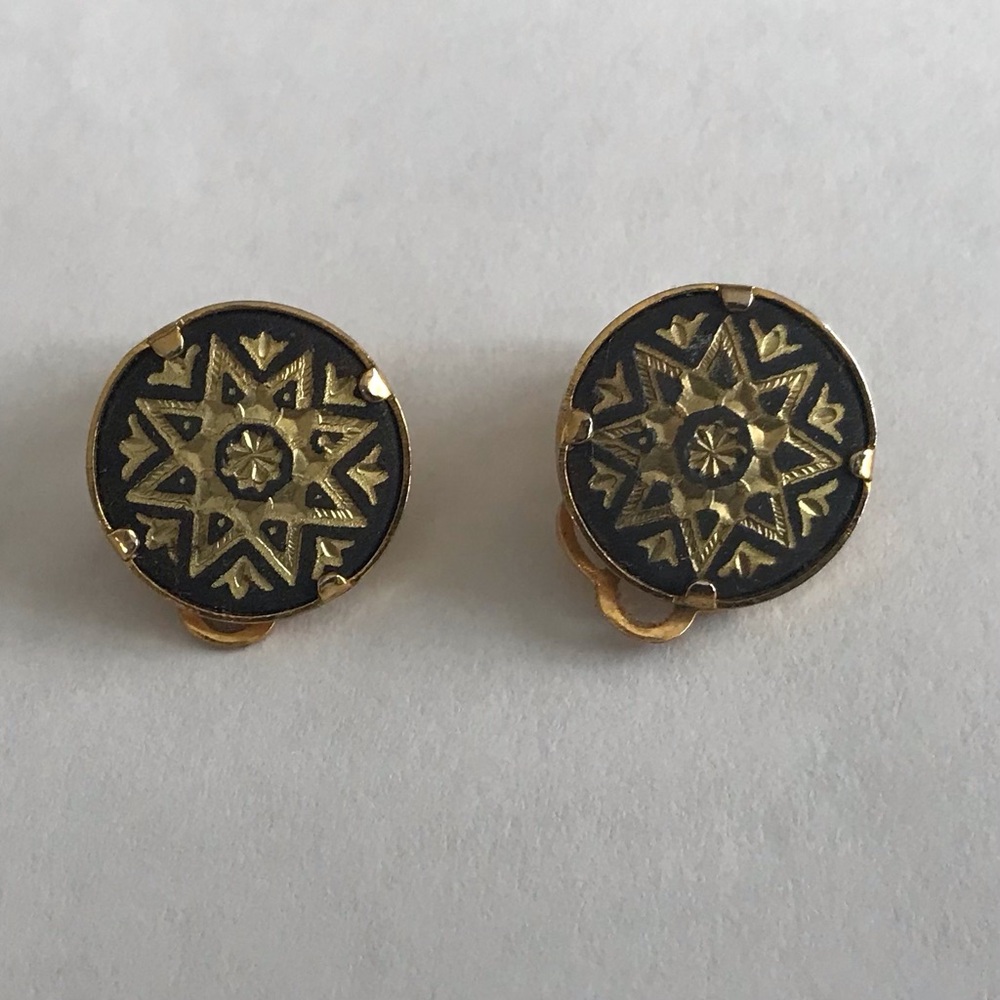 Vintage Damascene 18K Gold Inlay clip on Earrings Jewelry, Spain